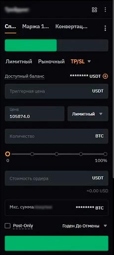 Окно параметров ордера на Bybit