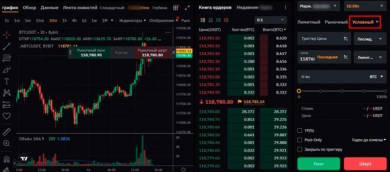 Условный ордер на фьючерсах в терминале Bybit