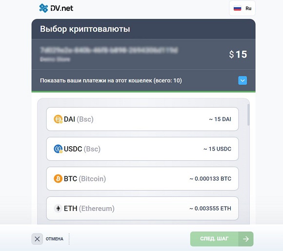 Окно оплаты криптовалютой