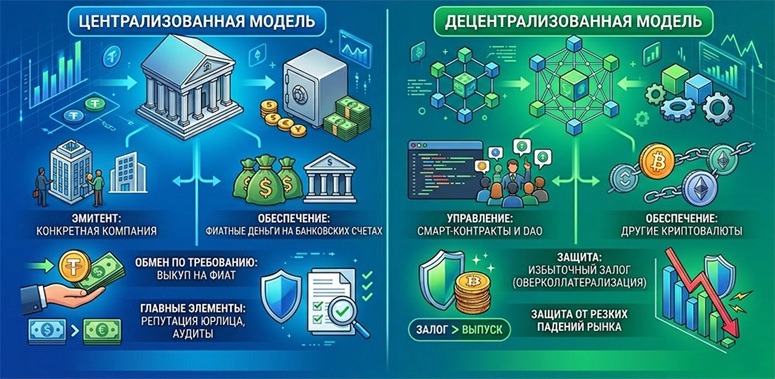 Схемы централизованных и децентрализованных моделей стейблкоинов
