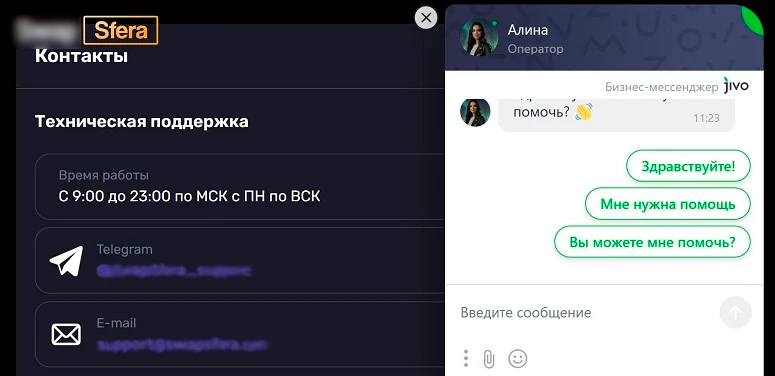 Меню технической поддержки