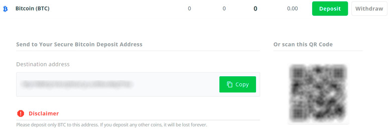 Депозит в BTC по номеру кошелька