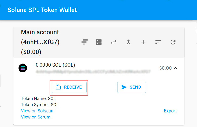 Кнопка Receive в Sollet