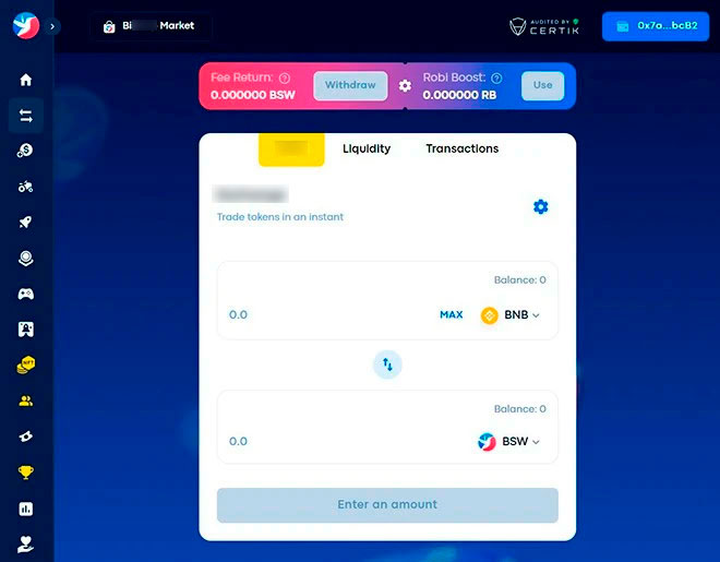 Интерфейс сервиса Exchange на Biswap