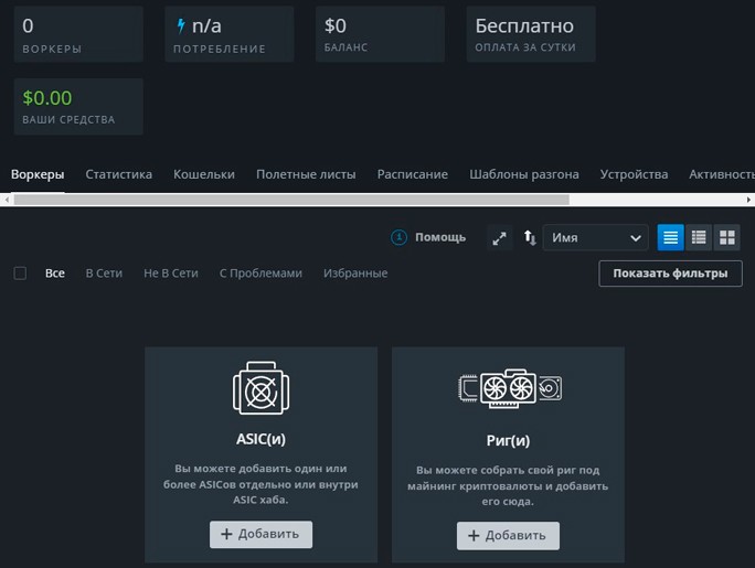Интерфейс аккаунта на сайте Hive OS