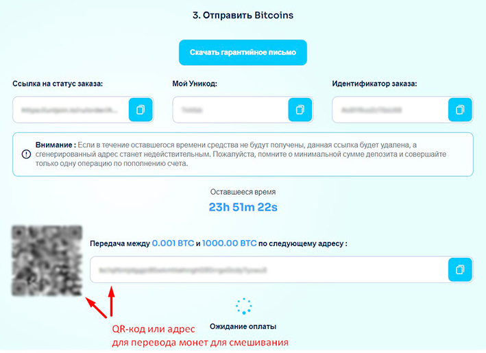 Этап перевода BTC на адрес Bitcoin-миксера