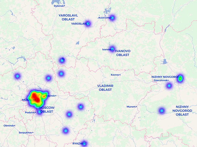 Расположение биткоин-банкоматов в России