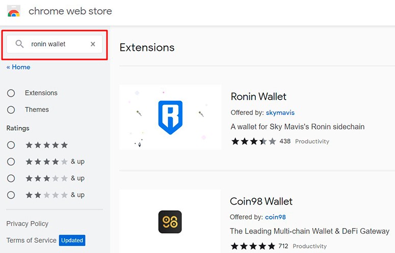 Ronin-кошелек в Chrome Web Store
