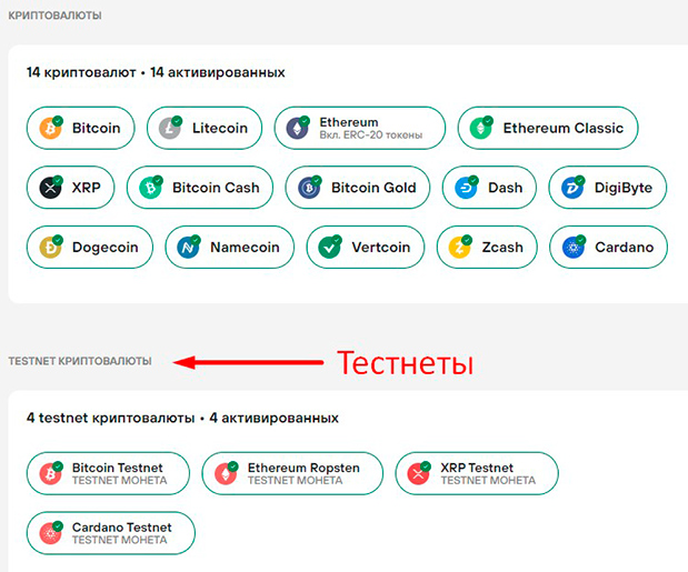 Доступные Testnets в TrezorSuite