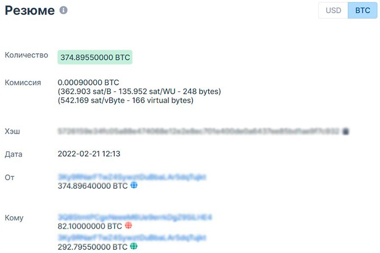 Резюме случайной Bitcoin-транзакции